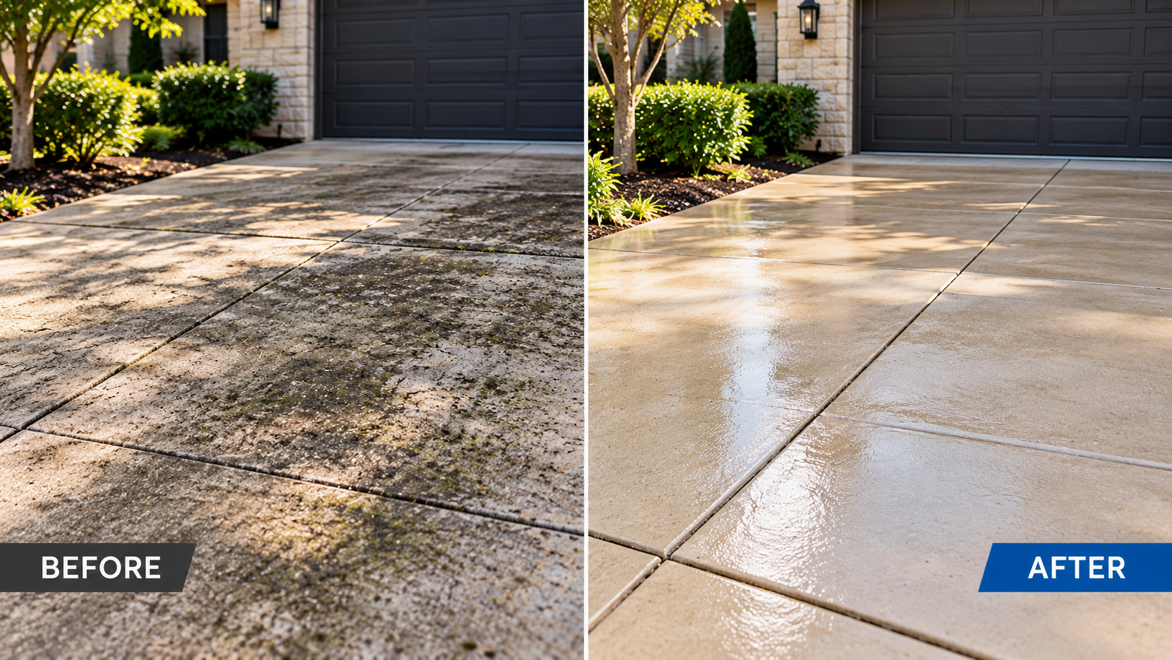Example of a driveway before and after professional pressure washing